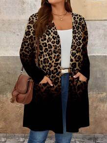 EMERY ROSE Plus Size Women Leopard Print Loose Fit Long Sleeve Cardigan Sweater, Suitable For Autumn/Winter - Black - View 7