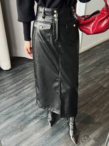 DAZY Women's Solid Color Long PU Skirt For Autumn/Winter Leather Skirt - Black - View 7