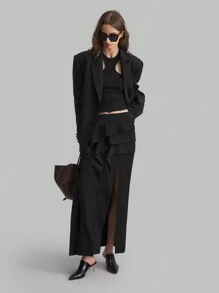 Ontre Women Black High Slit Pleated Decorated Business Casual Maxi Long Skirt, Elegant Autumn/Winter Season