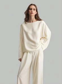 Ontre Nuevos lanzamientos de primavera de 2025 de prendas de vestir para mujer, blusa de cuello barco con puño acampanado de material de satén, camisa elegante casual y de negocios, color albaricoque