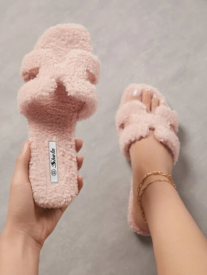 SHUZIA All-Time Women's Soft Cozy Warm Plush Luxe-Inspired Harness Cutout Open Toe Fleece Pink Slide Slippers Summer Shoes Spring Shoes Spring Break Easter Vacation Shoes Casual Shoes Beach Shoes Mother's Day Present For Christmas