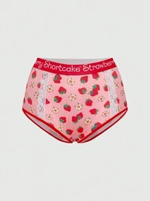 Strawberry Shortcake | ROMWE Strawberry Print Wireless Contrast Lace Lingerie Bra & Panty Set, Kawaii - Multicolor - View 7