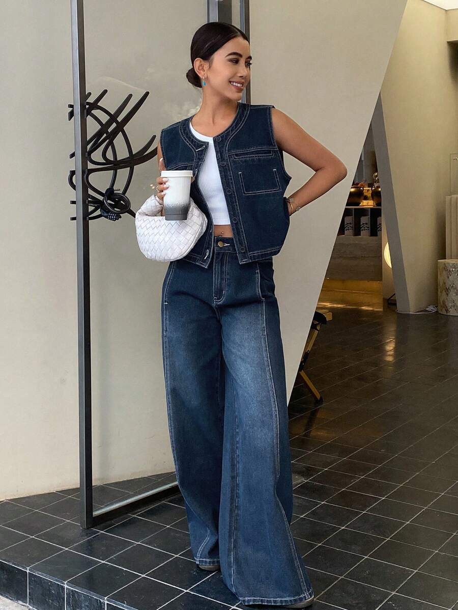 Livesso Women's Casual Denim Vest And Wide Leg Jeans Set - Dark Wash - View 1