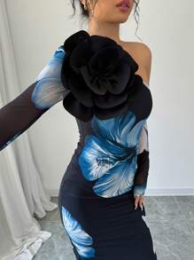 SHEIN PETITE 女士印花针织长款单肩连衣裙 - 黑色 - 查看 5