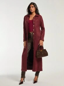 COSMINA Wine Red Long Sleeve Metal Button Belted Dress For Women, Suitable For Valentine's Day And New Year, Autumn/Winter - Burgundy - View 4