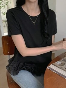 DAZY Women Asymmetrical Hem Ruffle Splice Short Sleeve T-Shirt - Black - View 1