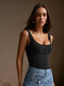 Anewsta Women's Fashion Elegant Square Neck Tank Top, Knitted Ribbed Fabric T-Shirt Bodysuit For Autumn - Black - View 3