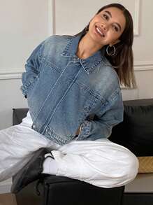 DAZY 做旧水洗宽松翻领长袖褪色女式牛仔夹克和外套 - 藍色 - 查看 4
