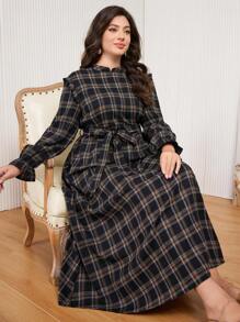 Al Najma 大码女式长袖阿拉伯格子连衣裙，端庄 - 彩色 - 查看 1