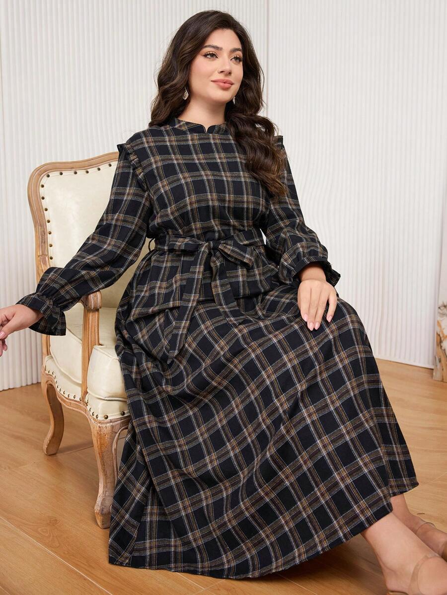 Al Najma 大码女式长袖阿拉伯格子连衣裙，端庄 - 彩色 - 查看 1