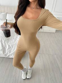 SHEIN EZwear Autumn Tight Fitting Turtleneck Knit Jumpsuit Pants, Casual Sports Wear, Khaki