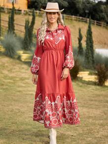 LanaWest Vestido largo casual de mujer de manga larga con botones frontales, plisado y estampado floral para el Año Nuevo