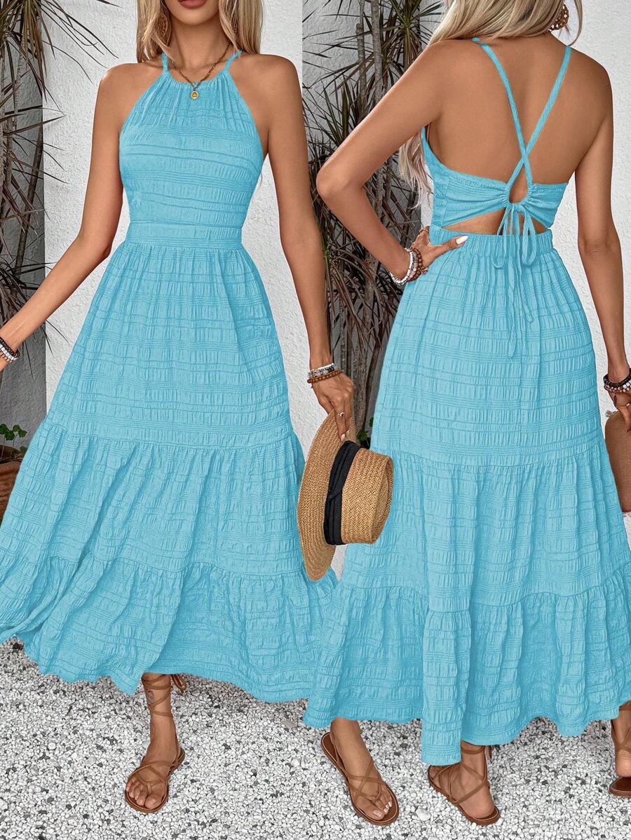 Breezaya Váy Maxi Đi Biển Màu Trơn Cho Nữ Có Cổ Chữ V, Viền Xếp Ly Và Cổ Gập - Màu xanh lam - Xem 1