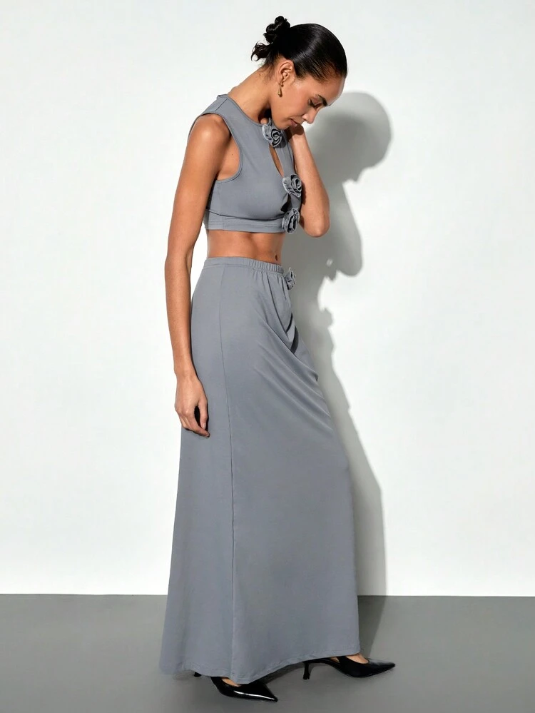 SHEIN Maija Women's Gray 3D Flower Decor Hollow Neckline Top, Modern Party Perforated Bodysuit Paired With High Waisted Draped Side Floral Skirt, Elegant Party Dress Two-Piece Set