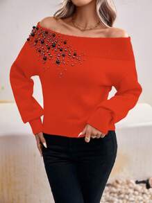 SHEIN Clasi Women's Elegant Off Shoulder Long Sleeve Pearl Embellished Sweater, Autumn/Winter Knit Pullover Fall - Orange - View 5