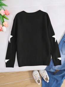 SHEIN Leap Crew 宽松圆领星形图案休闲毛衣，适合年轻女孩，星形毛衣，黑色女童毛衣 - 黑與白 - 查看 2
