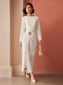 MOTF PREMIUM METAL DECOR THIGH SLIT DRESS - White - View 8