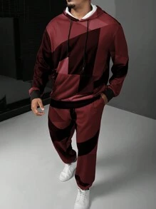 Manfinity Homme Plus Size Men's Solid Color Patchwork Casual Hooded Sweatshirt And Pants Set