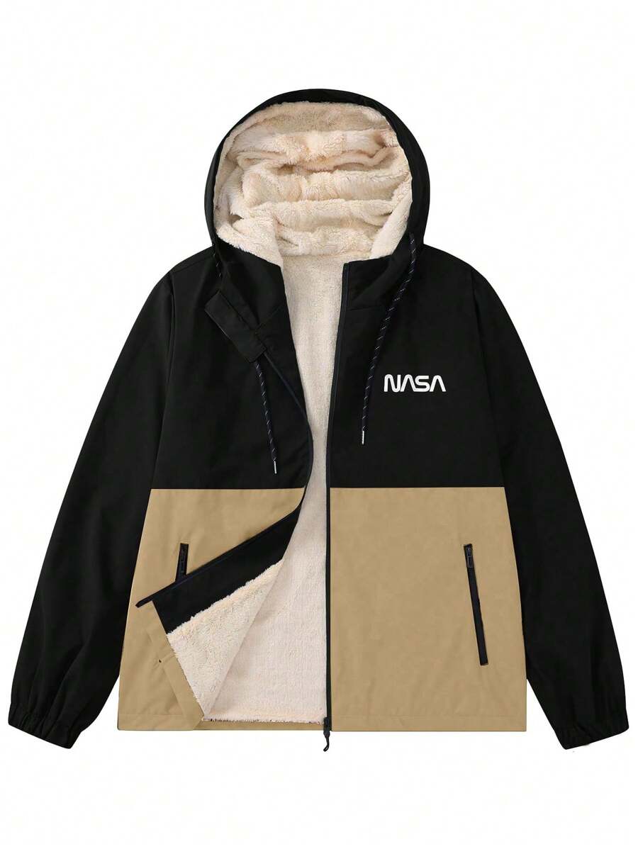 Chillumni Plus Size Men's Letter Print Contrast Color Drawstring Hooded Jacket With Thermal Lined - Multicolor - View 1
