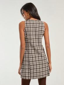 COSMINA Women's Houndstooth Print Crew Neck Single-Breasted Sleeveless Elegant Mini Dress