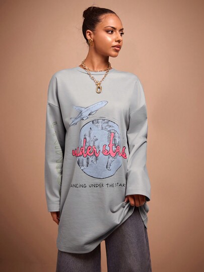 COSMINA Vestido casual de sudadera mini con estampado gris para mujer de otoño/invierno