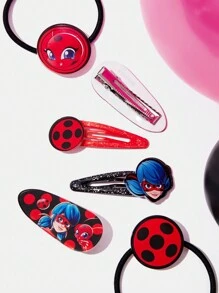 Miraculous Ladybug X SHEIN 2pairs Cartoon Pattern Hair Clips & 1pair Hair Scrunchies - Combination Set - Multicolor - View 5