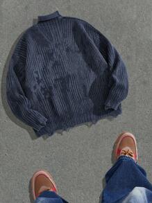 Manfinity Denimwave Solid Color Stand Collar Distressed Casual Versatile Long Sleeve Pullover Sweater