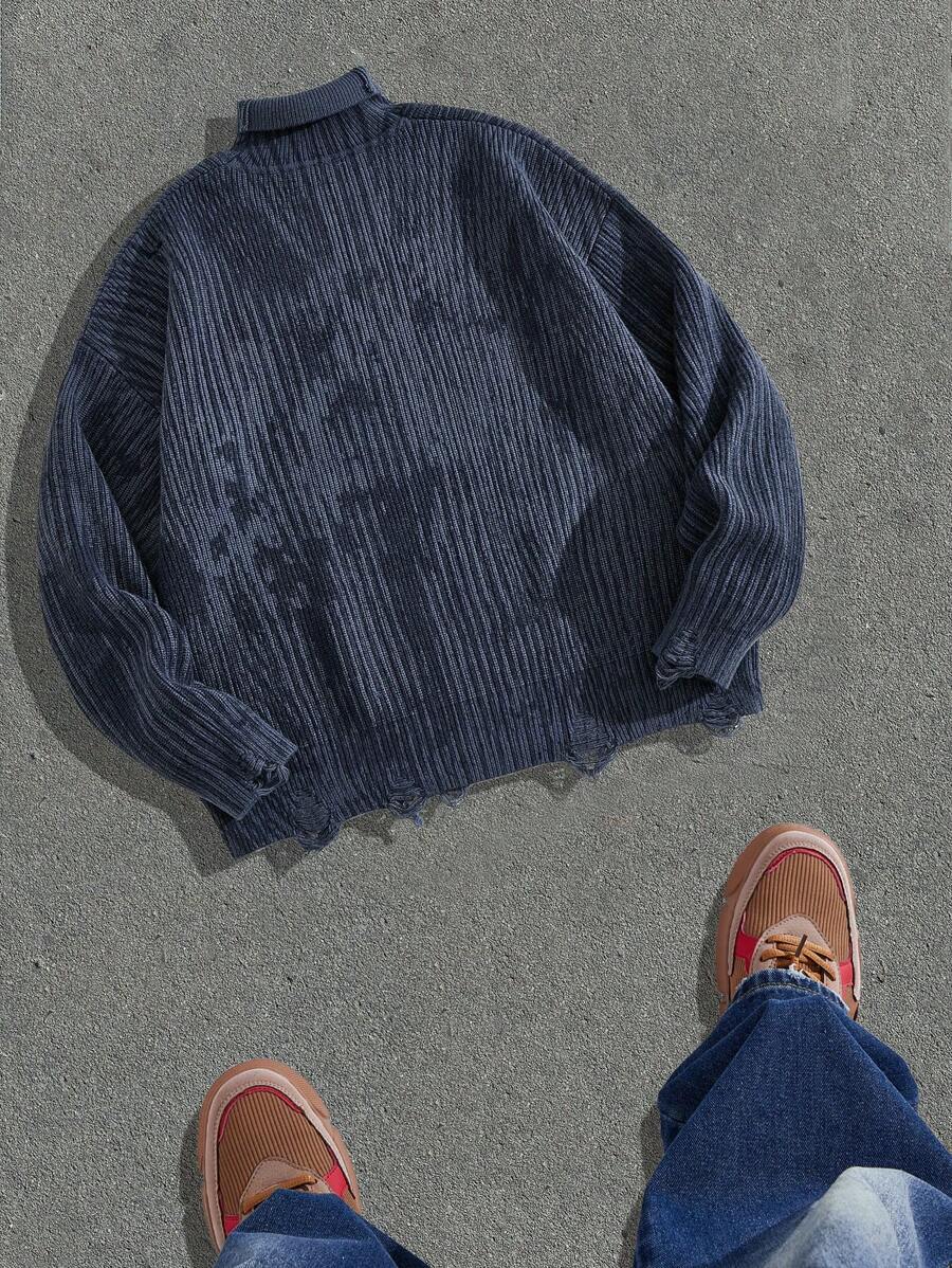 Manfinity Denimwave Solid Color Stand Collar Distressed Casual Versatile Long Sleeve Pullover Sweater