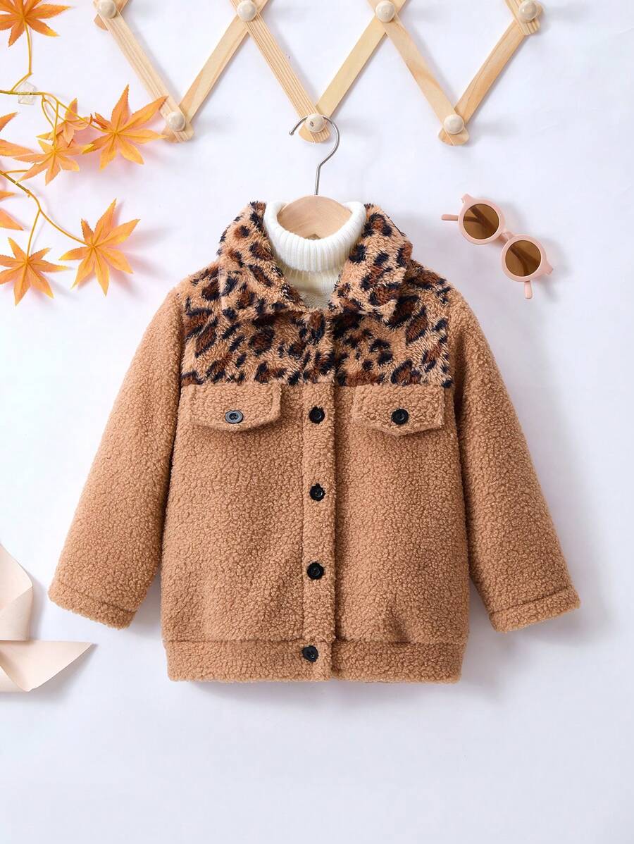 SHEIN 1 件年轻女孩棕色双面蓬松豹纹长袖外套，适合外出，家庭配套服装“妈妈和我”的一部分（3 件单独出售） - 棕色 - 查看 1