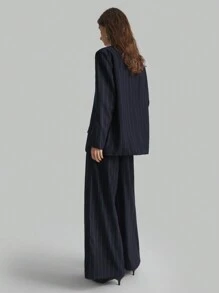 Ontre Women's Black & White Pinstripe Retro Style Loose Blazer & Pants Suit, Office Wear