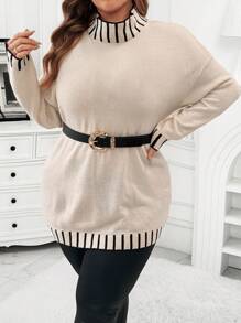 Flirla 百搭撞色条纹领套头毛衣，冬季针织套头衫 - 黑與白 - 查看 3