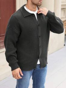 Manfinity Homme Chaqueta de punto informal monocromática de manga larga con hombros caídos y un solo abotonado, talla grande para hombre, otoño/invierno