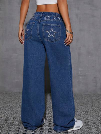 SHEIN EZwear 水钻装饰口袋亮片休闲百搭牛仔裤