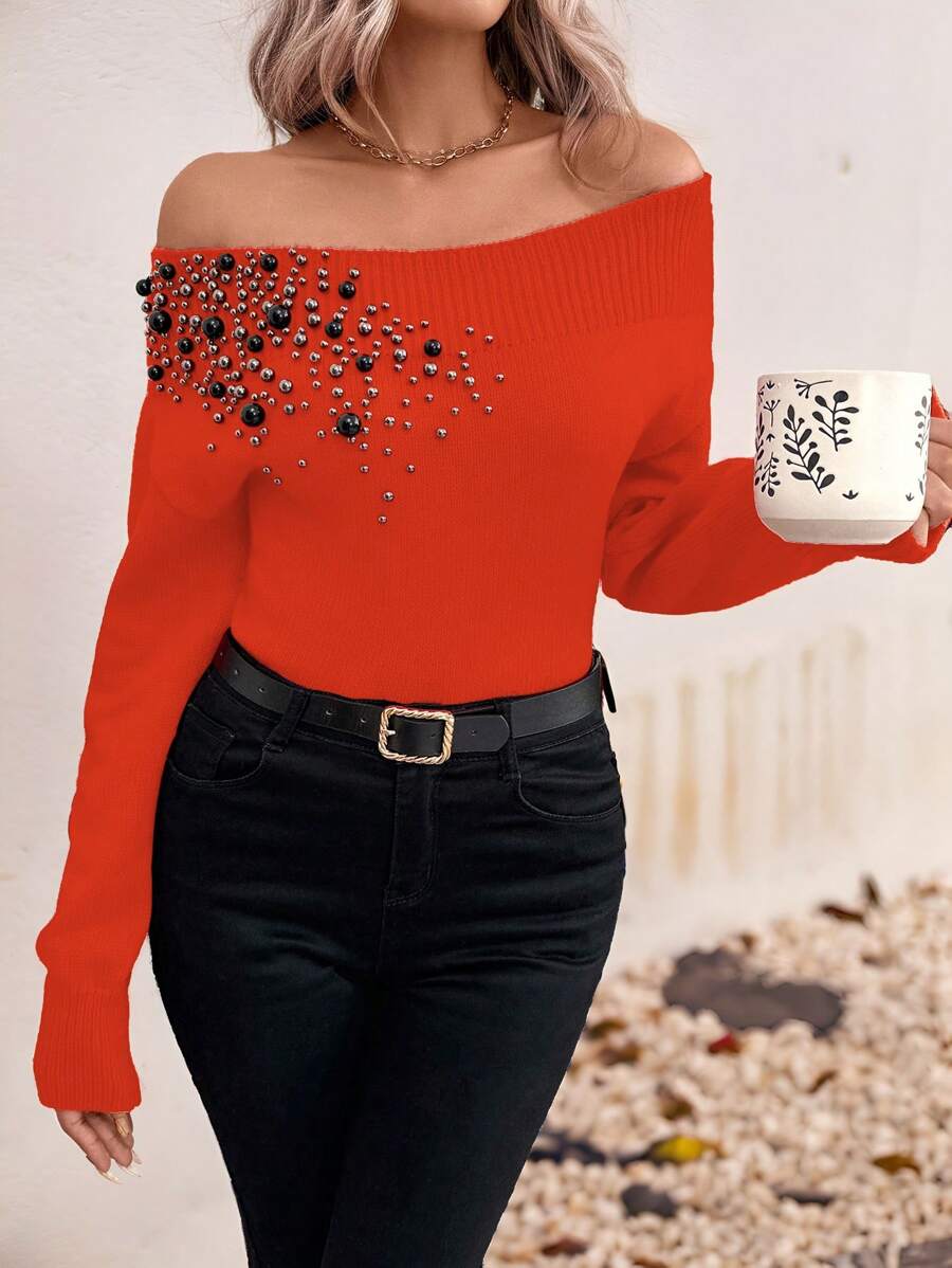 SHEIN Clasi Women's Elegant Off Shoulder Long Sleeve Pearl Embellished Sweater, Autumn/Winter Knit Pullover Fall - Orange - View 1