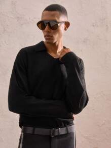 AKNOTIC Party 男士针织修身立领休闲 POLO 衫，适合日常穿着 - 黑色 - 查看 2