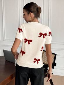 Serisse Women Crew Neck Long Sleeve Bow Design Detail Simple Casual Knit Top Christmas Red Summer New Year Burgundy Valentine's Day - Burgundy - View 2