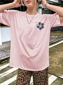 INAWLY 椰樹和字母印花短袖T恤，適合海灘度假 - 粉色 - 查看 2