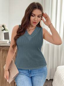 SHEIN LUNE Plus Size Women V-Neck Sleeveless Soft Knit Tank Top
