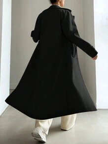 EURMUSE 女士實色雙排扣羊毛外套,帶西裝領 - 黑色 - 查看 2