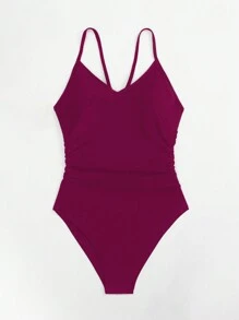 SHEIN Swim Đồ bơi một mảnh dây mảnh màu trơn đơn giản cho nữ mùa hè - Màu đỏ tím - Xem 3
