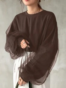 FRIFUL 女士网眼撞色宽松蝙蝠袖圆领T恤长袖女式上衣