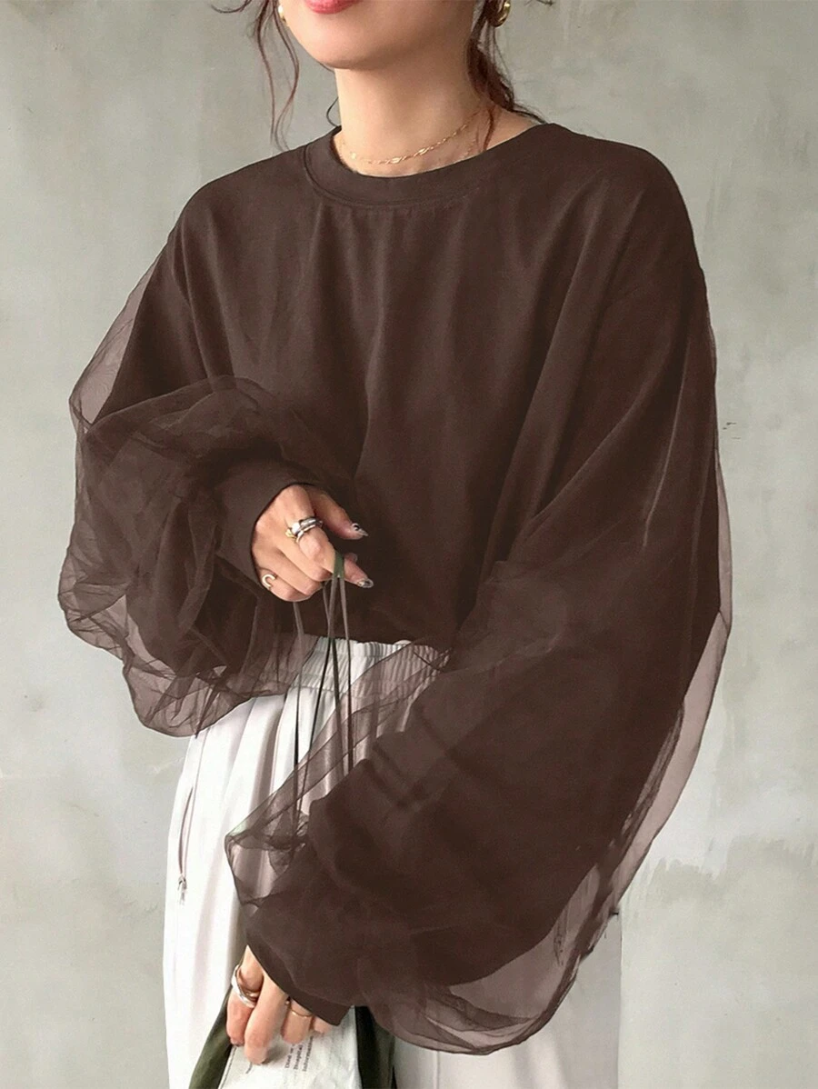 FRIFUL 女士网眼撞色宽松蝙蝠袖圆领T恤长袖女式上衣