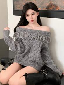 DAZY 女士露肩宽松流苏拼接毛衣，秋季可爱上衣 - 灰色 - 查看 1