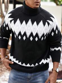 Manfinity Homme Suéter informal de cuello alto de manga larga con detalle gráfico y colorido para hombres, para salir, esposo