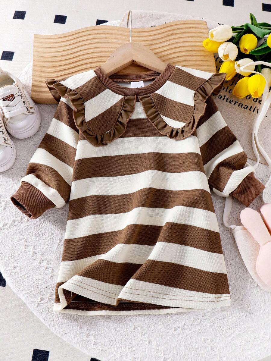 Genkimix Kids Baby Girl Khaki Beige Striped Long Sleeve Dress, Peter Pan Collar Casual Everyday Dress For Autumn/Winter - Khaki - View 1