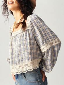 Bohemela Dames Casual Geweven Geruit Contrasterende Kanten Bies Vierkante Hals Losse Blouse