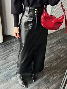 DAZY Women's Solid Color Long PU Skirt For Autumn/Winter Leather Skirt - Black - View 1