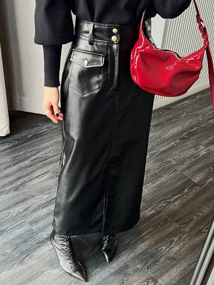 Women's Solid Color Long PU Skirt For Autumn/Winter Leather Skirt