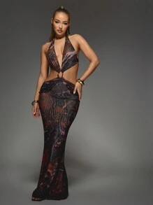 MISSGUIDED Marble Print Maxi Dress Halter Neck Cut Out Evening Gown Backless Formal Floor Length Party Prom Ball Special Occasion Elegant - Multicolor - View 1