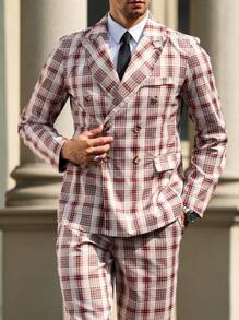 Manfinity Homme Men's Plaid Double-Breasted Suit: Blazer And Trousers Set - Khaki - View 1